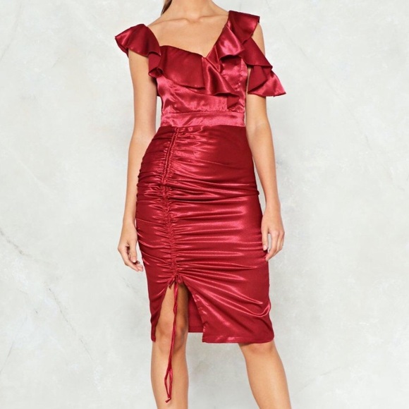 Nasty Gal Dresses & Skirts - ‘NASTY GAL’ RUFFLE RUSHED SATIN RED DRESS SIZE 6